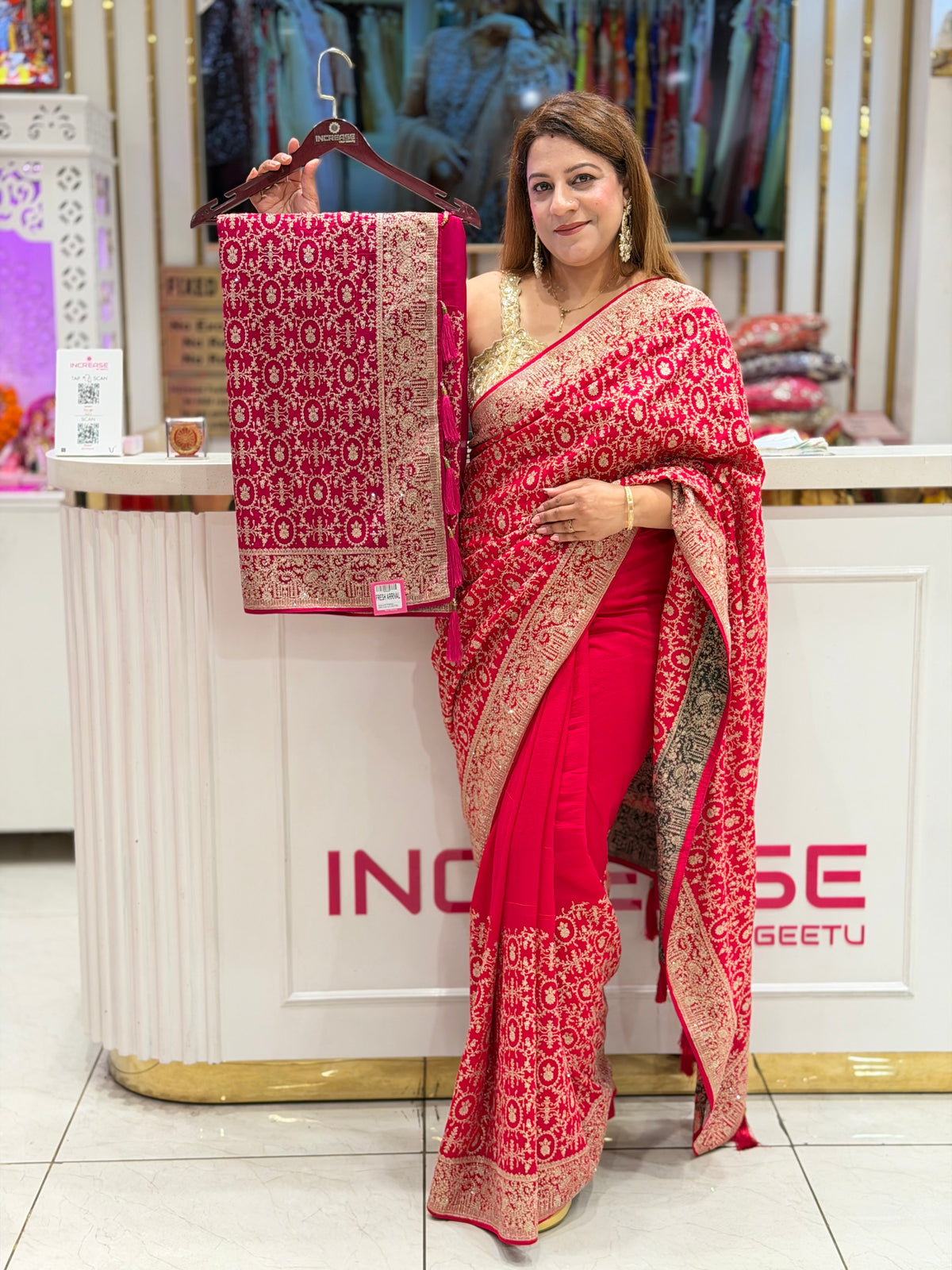 Traditional All-Over Jaal Embroidered Saree with Gold Sequined Blouse | Increase Fashion