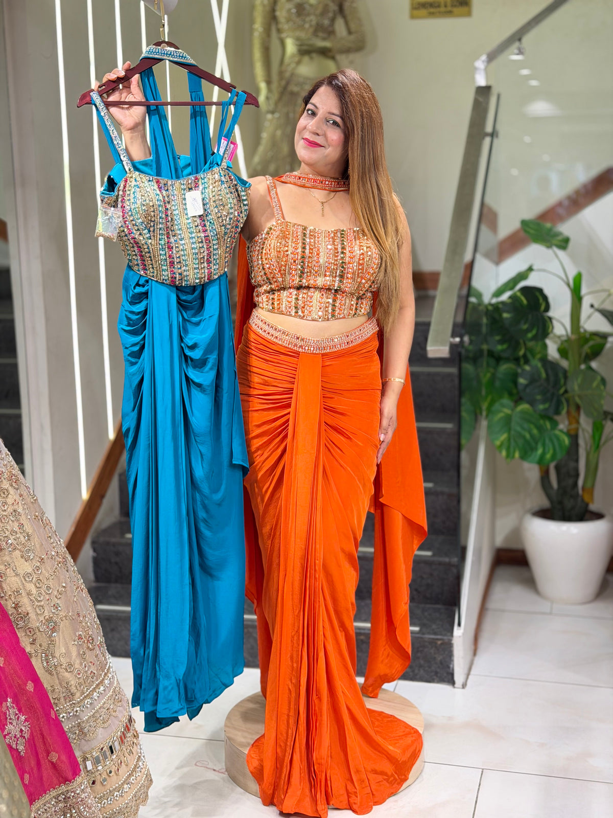 Stylish Mirror Work Bustier Crop Top & Pre-Draped Saree Skirt Set with Cape