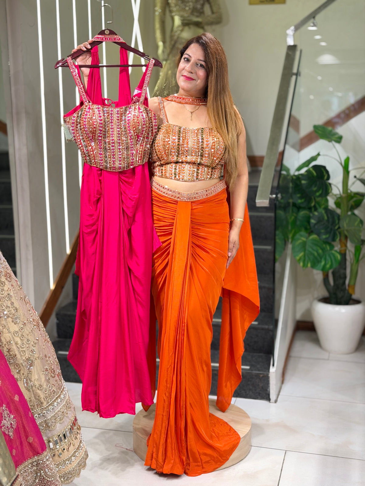 Stylish Mirror Work Bustier Crop Top & Pre-Draped Saree Skirt Set with Cape