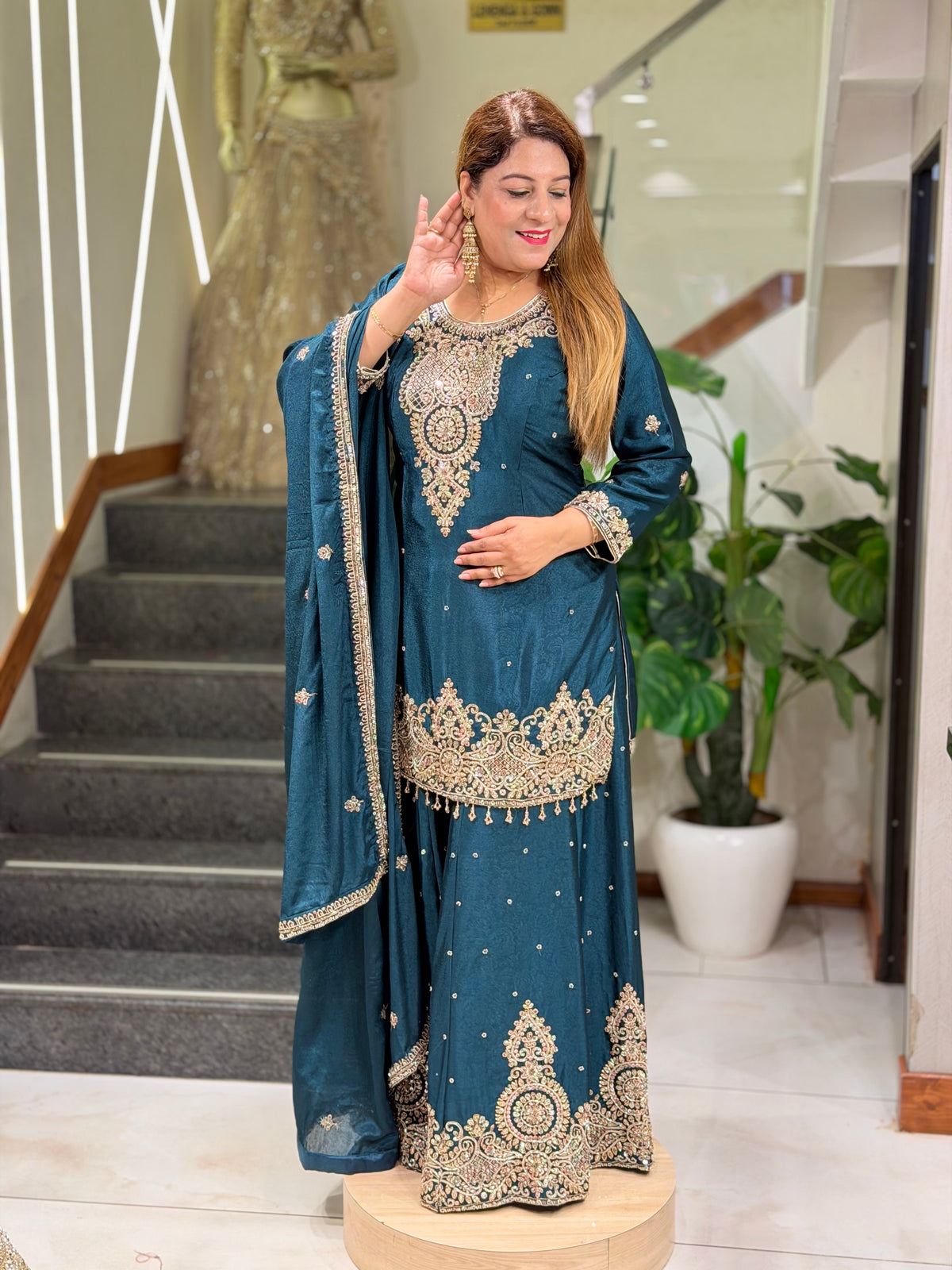 Peacock Blue Silk Kurti & Flared Sharara Set with Gold Embroidery | Increase Fashion