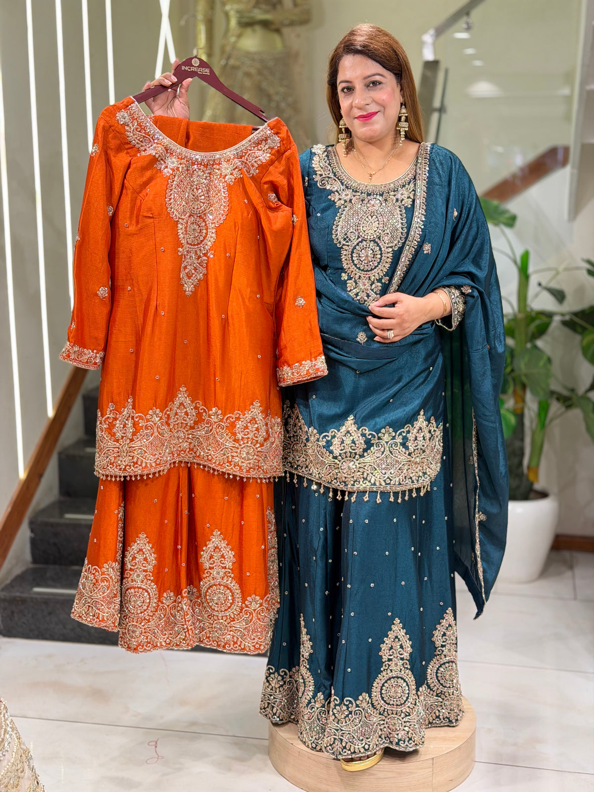 Peacock Blue Silk Kurti & Flared Sharara Set with Gold Embroidery | Increase Fashion
