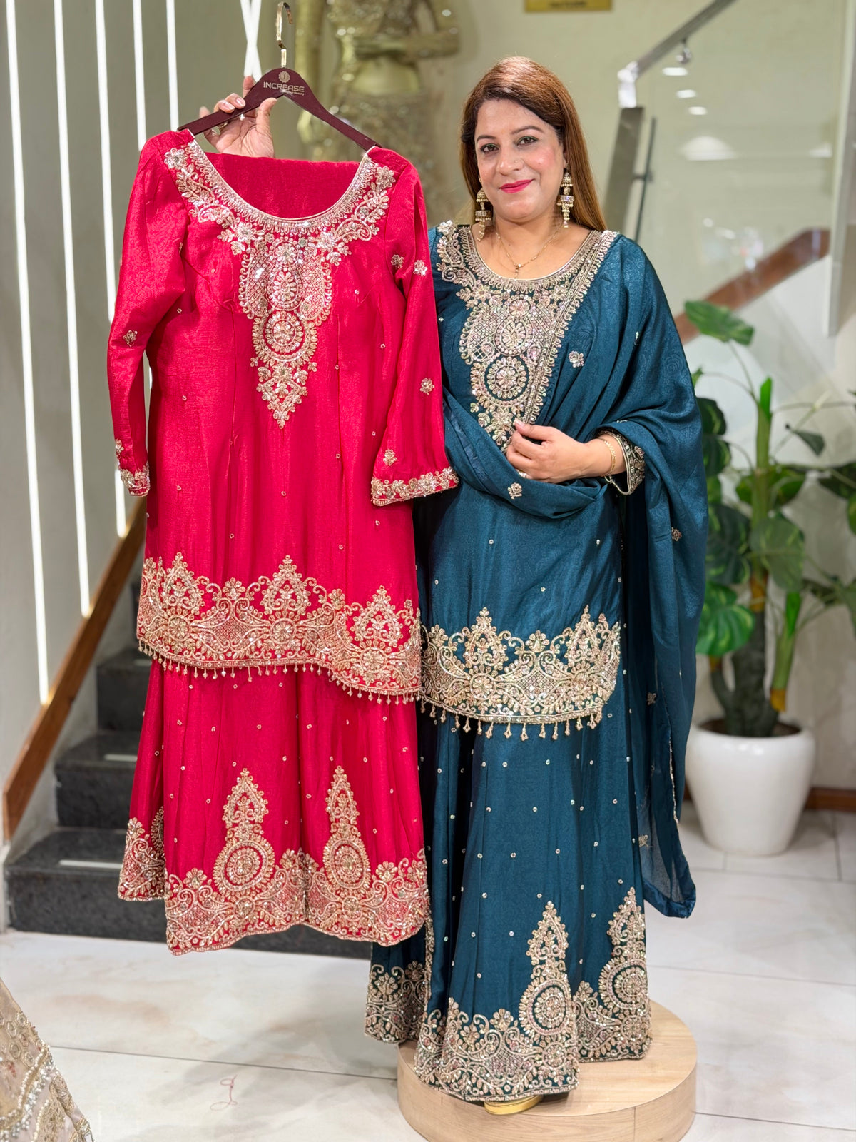 Peacock Blue Silk Kurti & Flared Sharara Set with Gold Embroidery | Increase Fashion