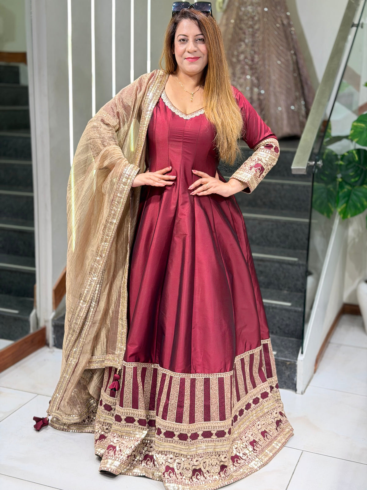 Border Embroidered Silk Anarkali Suit with Metallic Dupatta | Increase Fashion