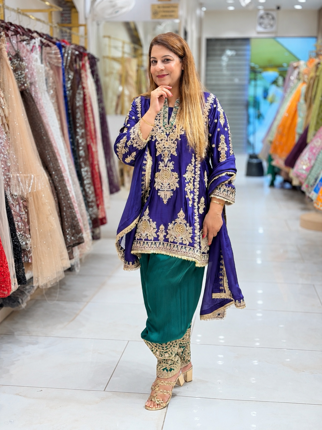 Zardozi Embroidered Short Kurta with Draped Dhoti Pants & Dupatta Set – Royal Blue and Emerald Green