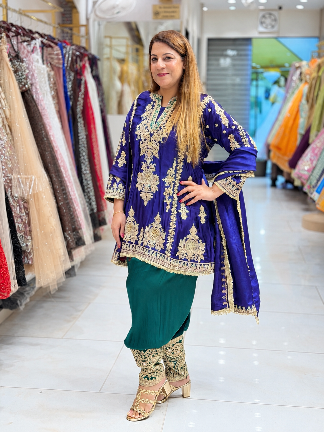 Zardozi Embroidered Short Kurta with Draped Dhoti Pants & Dupatta Set – Royal Blue and Emerald Green