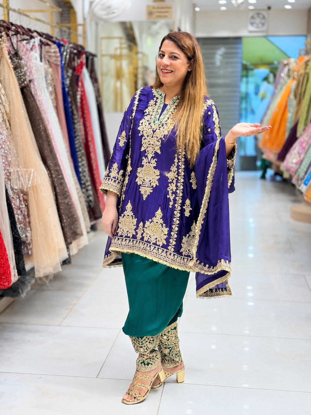 Zardozi Embroidered Short Kurta with Draped Dhoti Pants & Dupatta Set – Royal Blue and Emerald Green