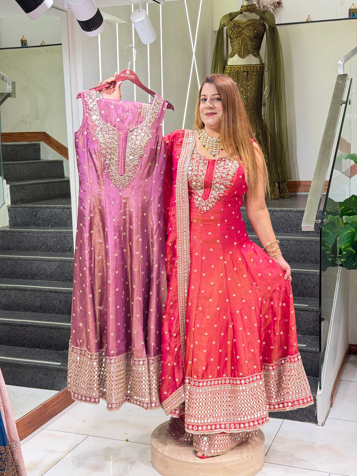 Rani Pink Mirror-Work Anarkali Set from Increase Fashion