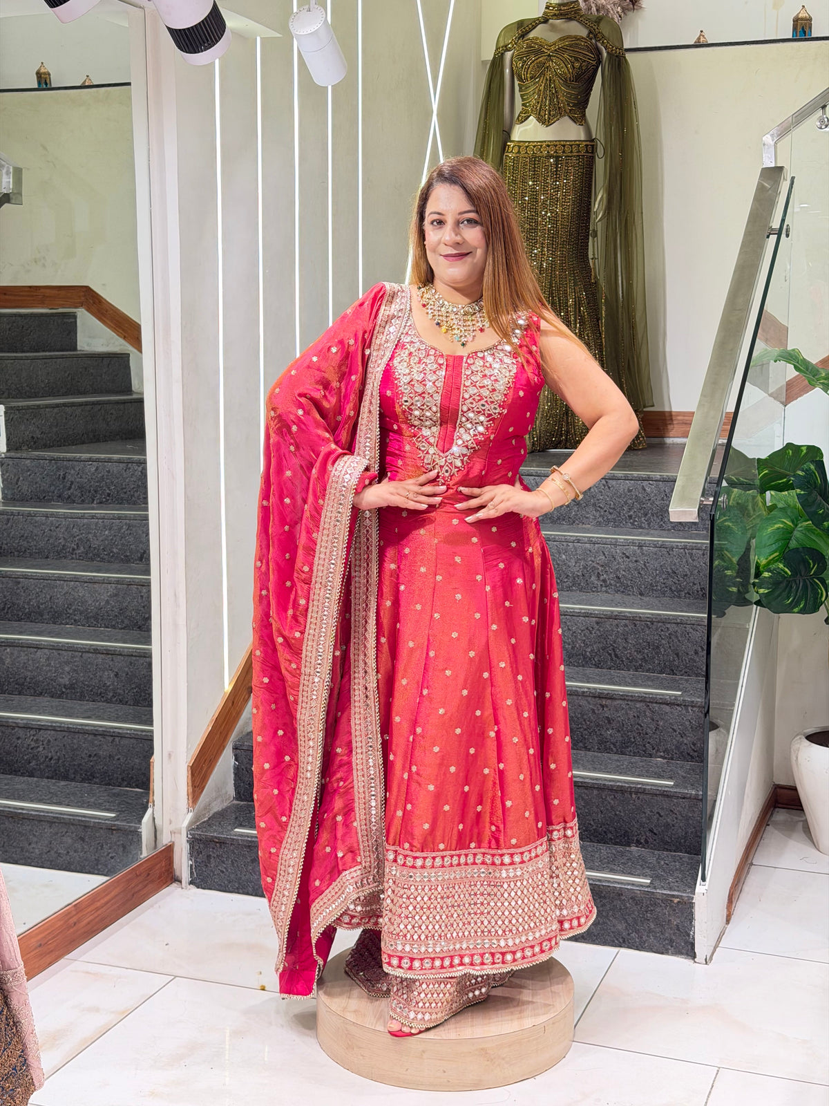 Rani Pink Mirror-Work Anarkali Set from Increase Fashion