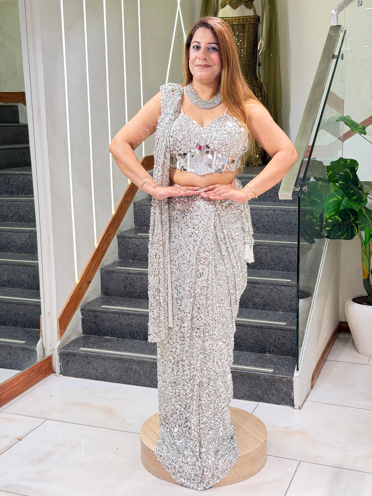 Silver Metallic Sequin Draped Concept Saree with Mirror-Work Corset Blouse