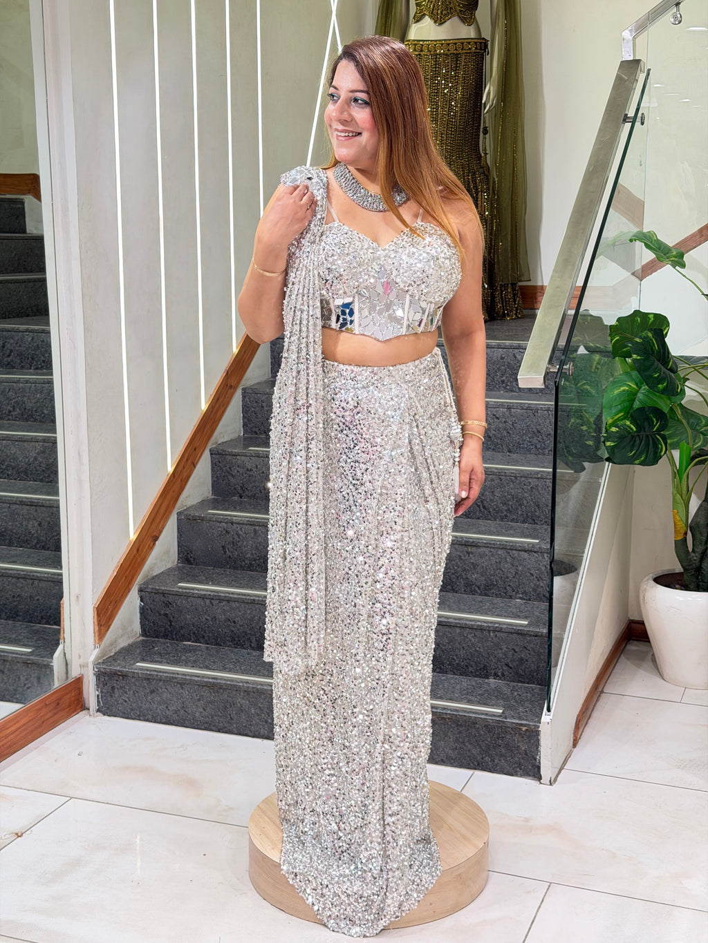Silver Metallic Sequin Draped Concept Saree with Mirror-Work Corset Blouse