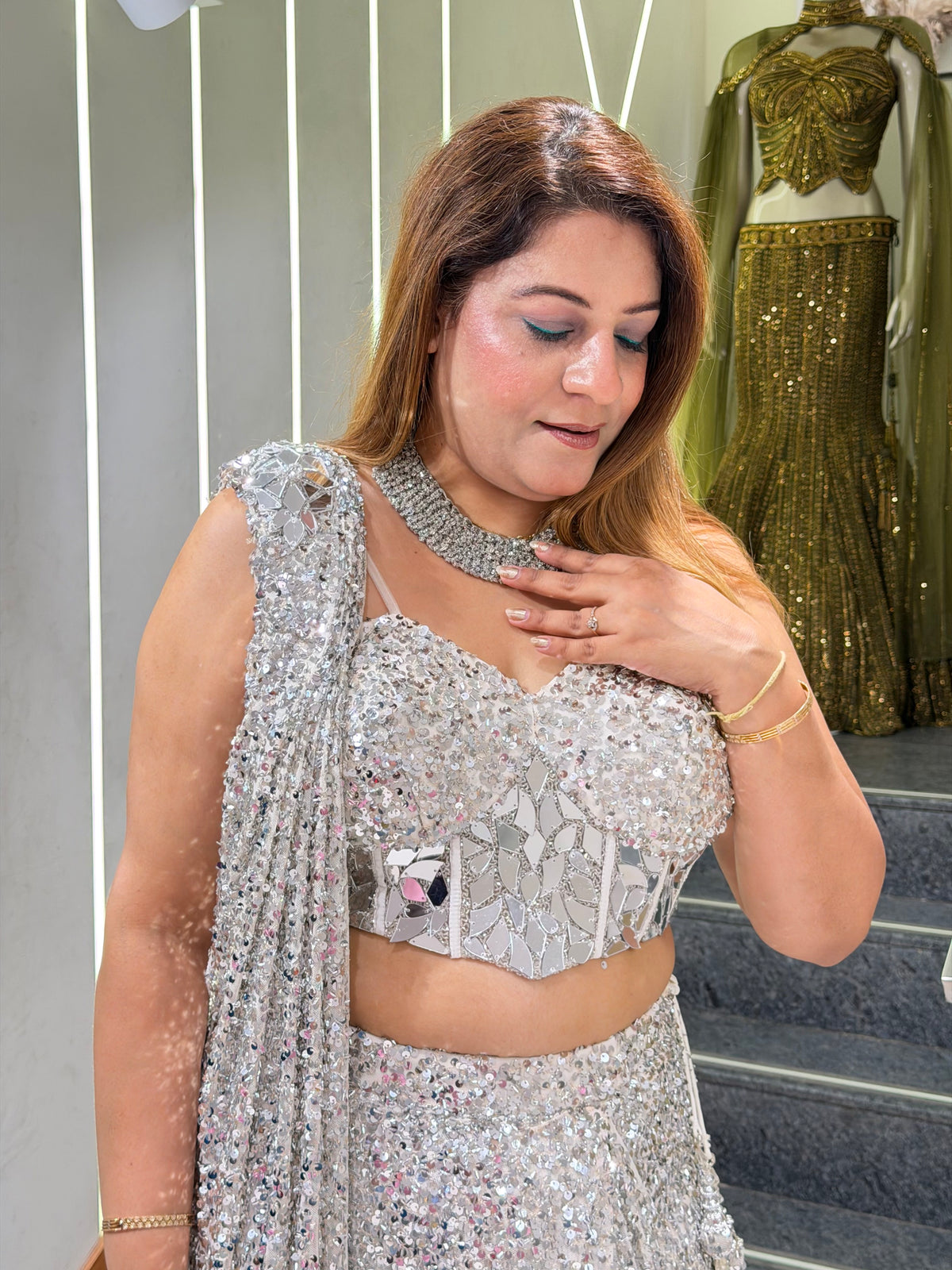 Silver Metallic Sequin Draped Concept Saree with Mirror-Work Corset Blouse