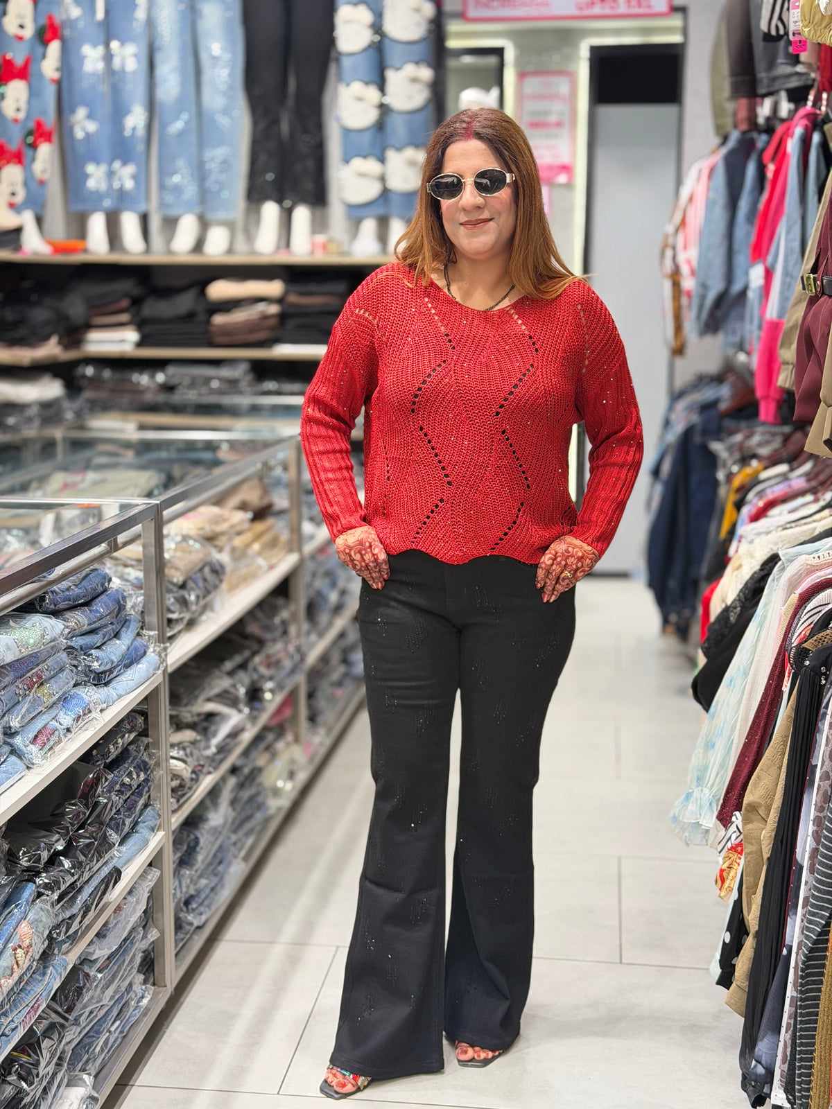 Open-Knit Sequin Chevron Sweater Top | Increase Fashion