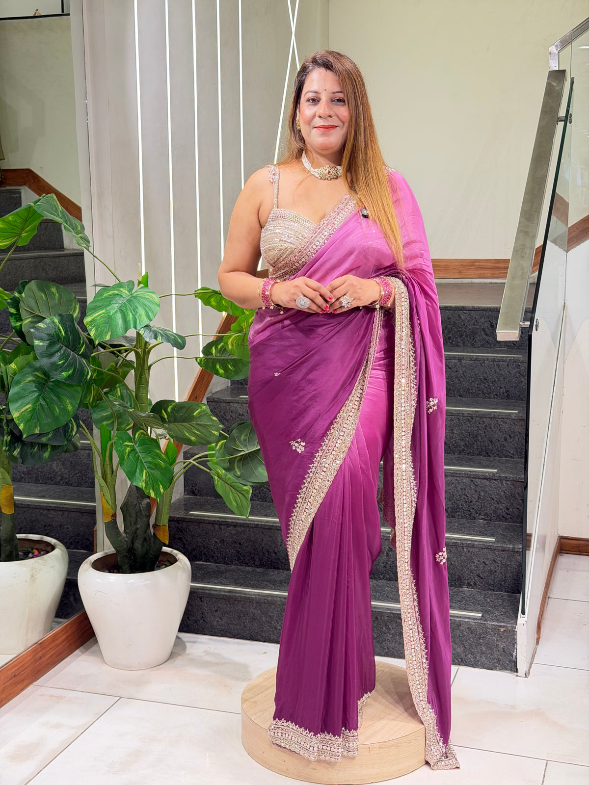Ombre Magenta Scalloped Silk Saree | Increase Fashion