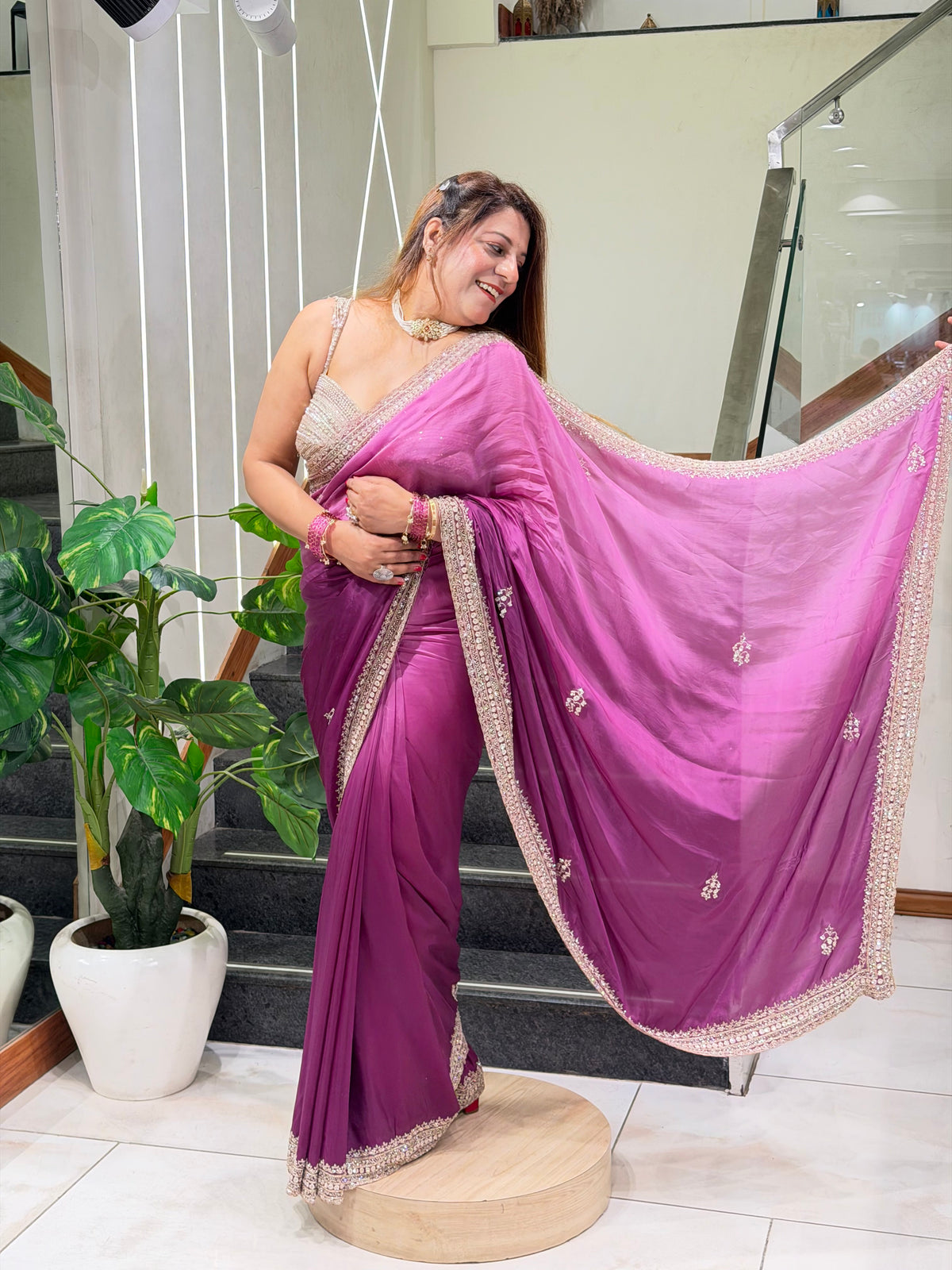 Ombre Magenta Scalloped Silk Saree | Increase Fashion
