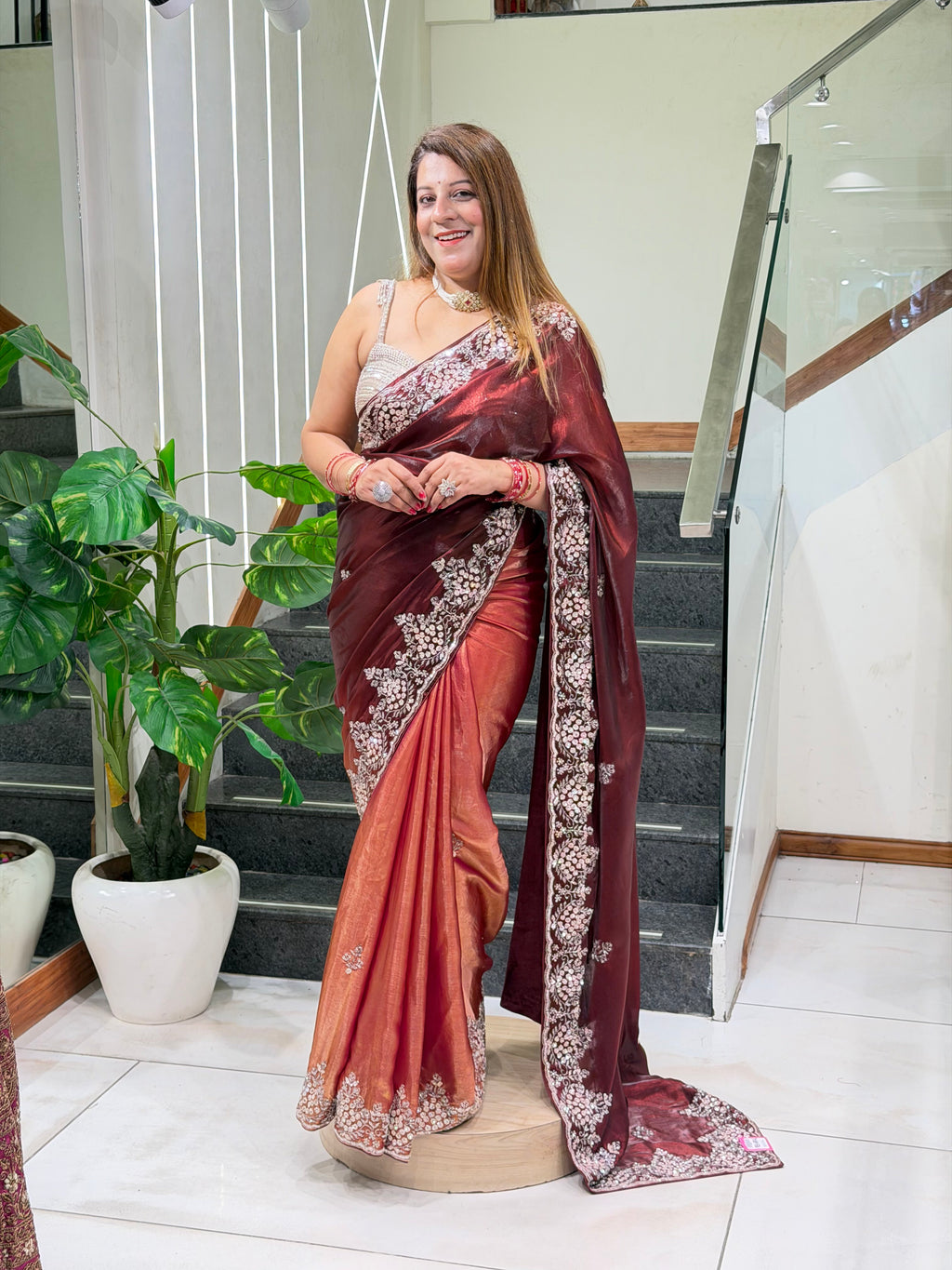 Wine & Copper Tissue Saree | Increase Fashion