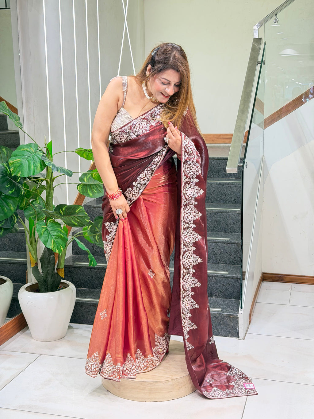 Wine & Copper Tissue Saree | Increase Fashion