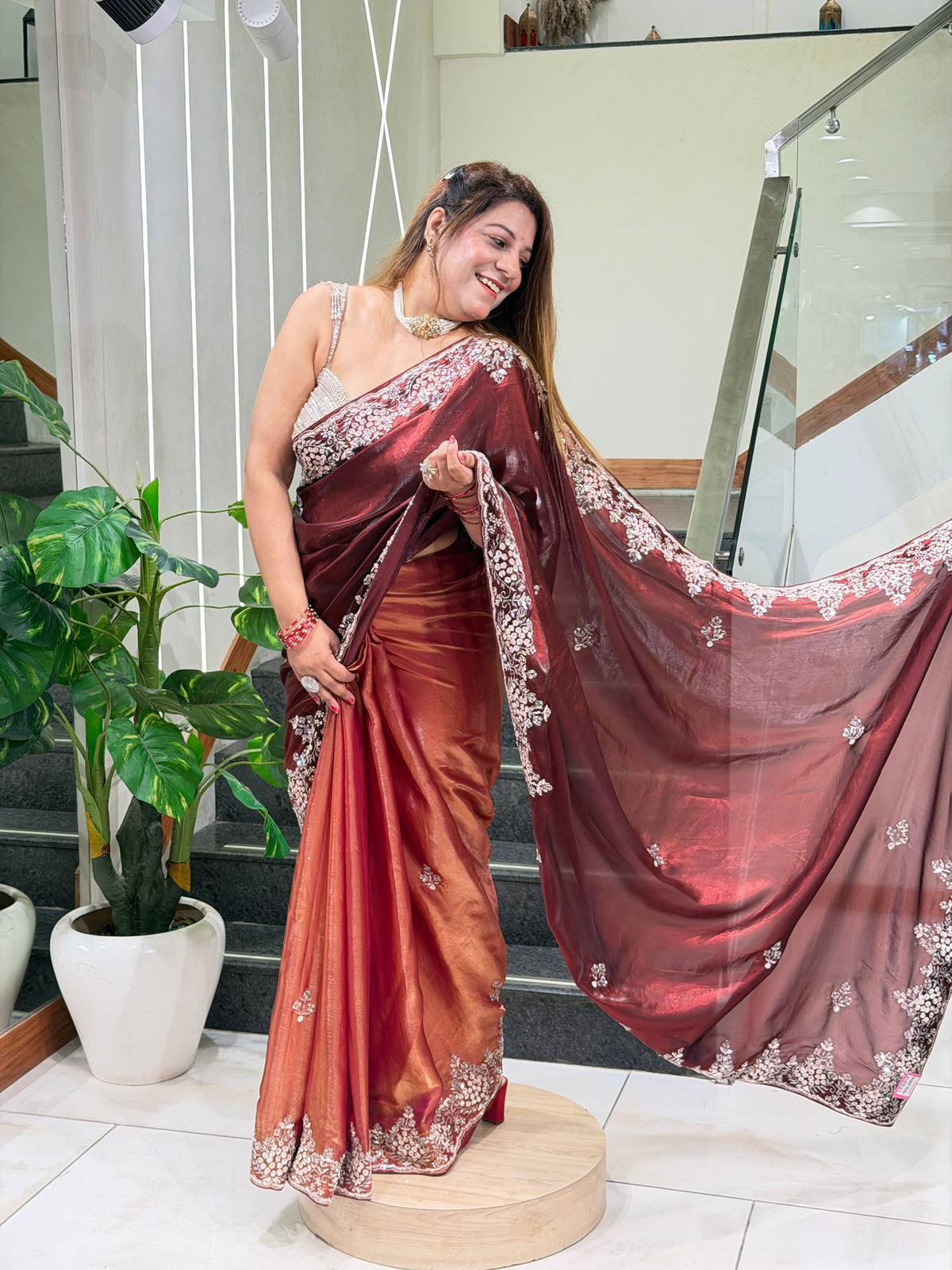 Wine & Copper Tissue Saree | Increase Fashion