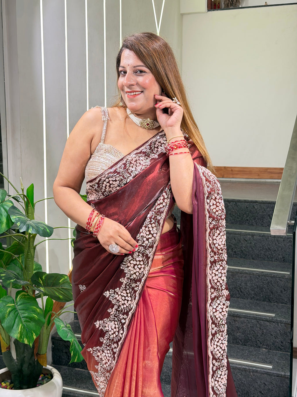 Wine & Copper Tissue Saree | Increase Fashion
