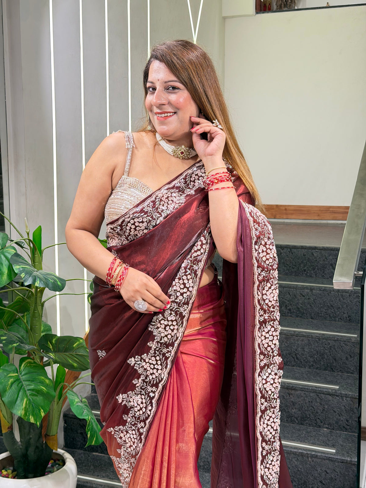 Wine & Copper Tissue Saree | Increase Fashion