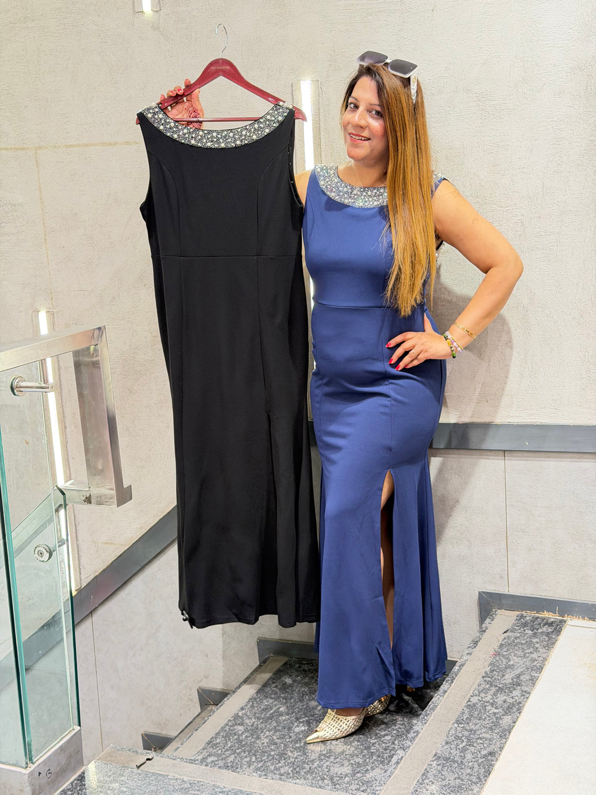 Embellished Neckline Slit Maxi Dress | Increase Fashion