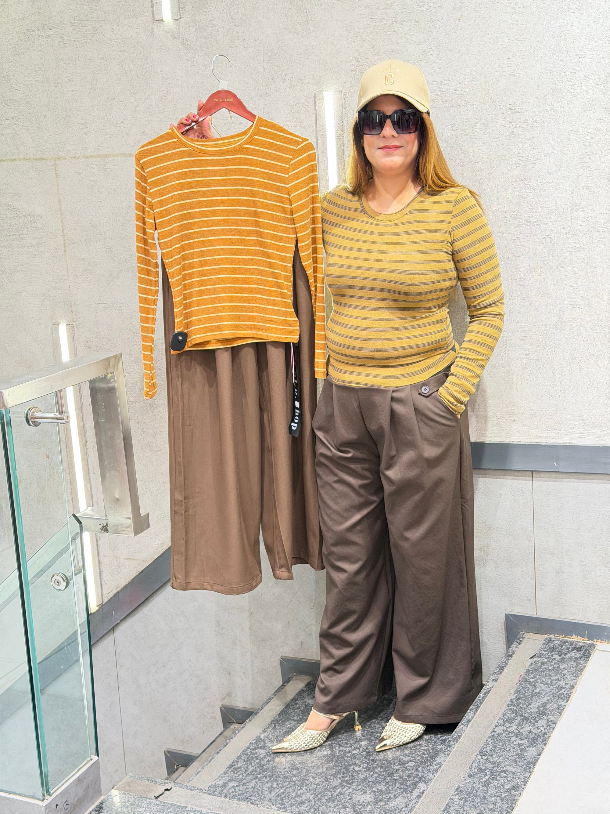 Mustard Striped Ribbed Knit Top & Tailored Charcoal Trousers Set