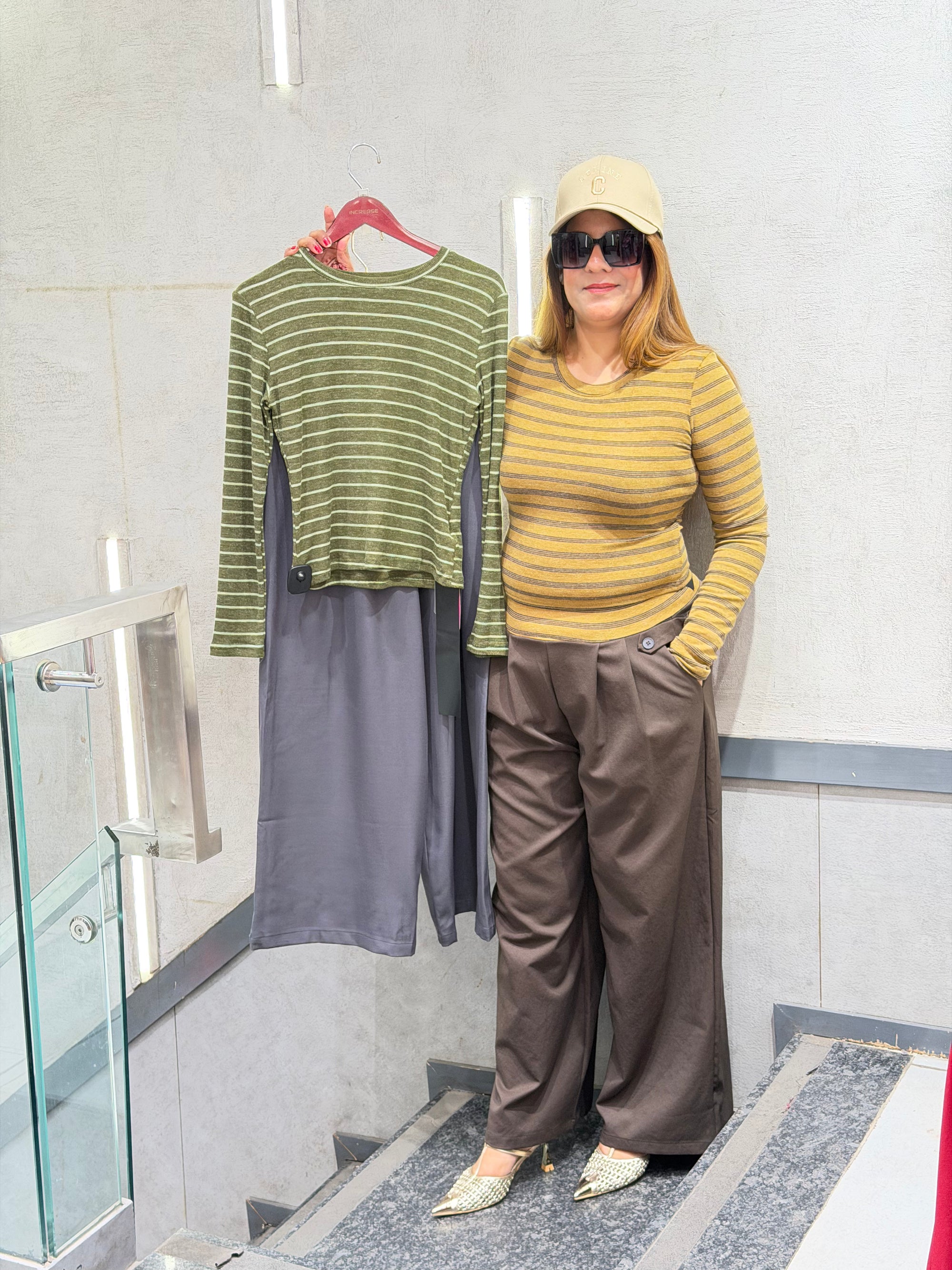 Mustard Striped Ribbed Knit Top & Tailored Charcoal Trousers Set