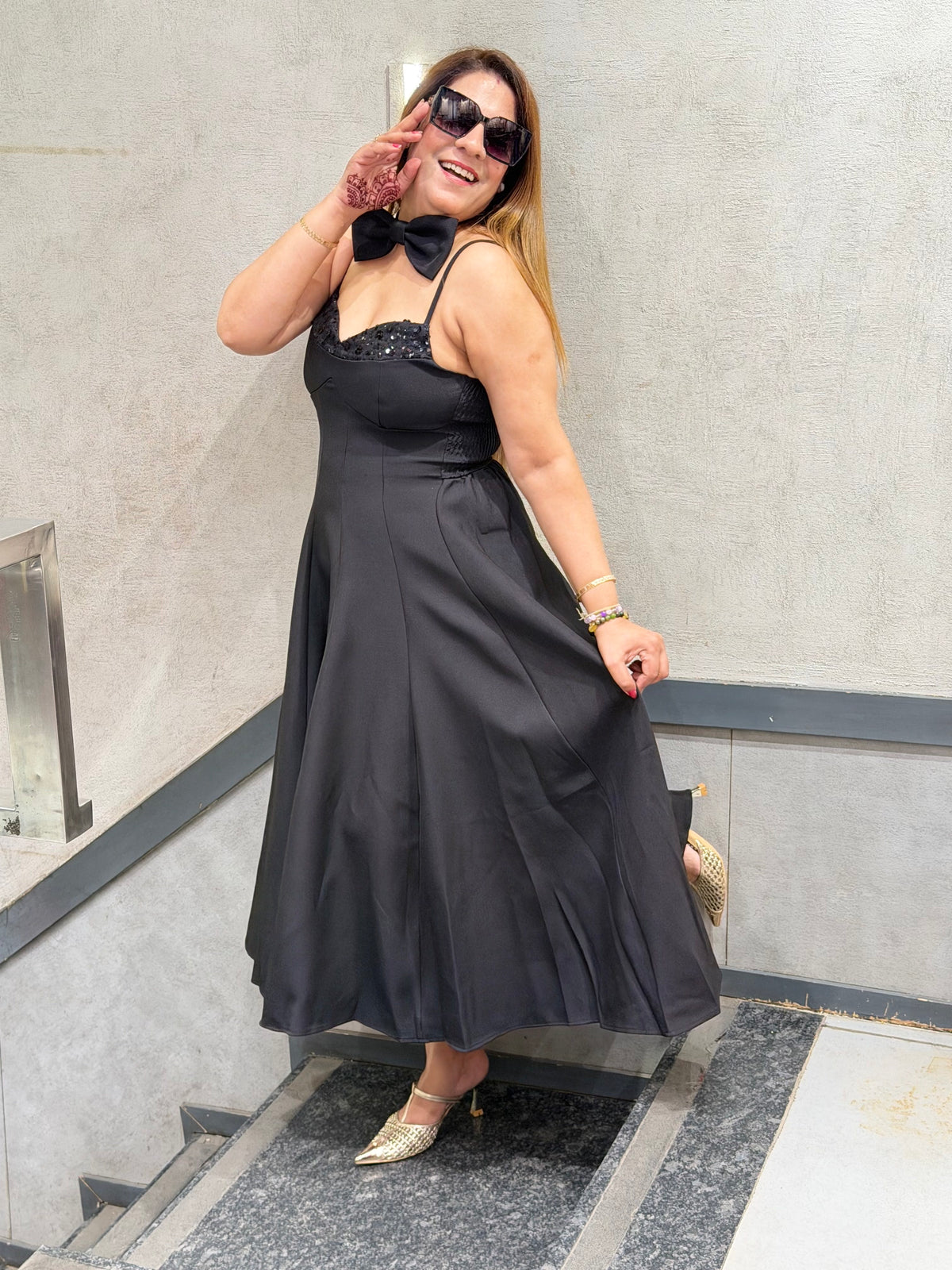 Sequin-Trimmed Bow-Neck Midi Dress | Increase Fashion