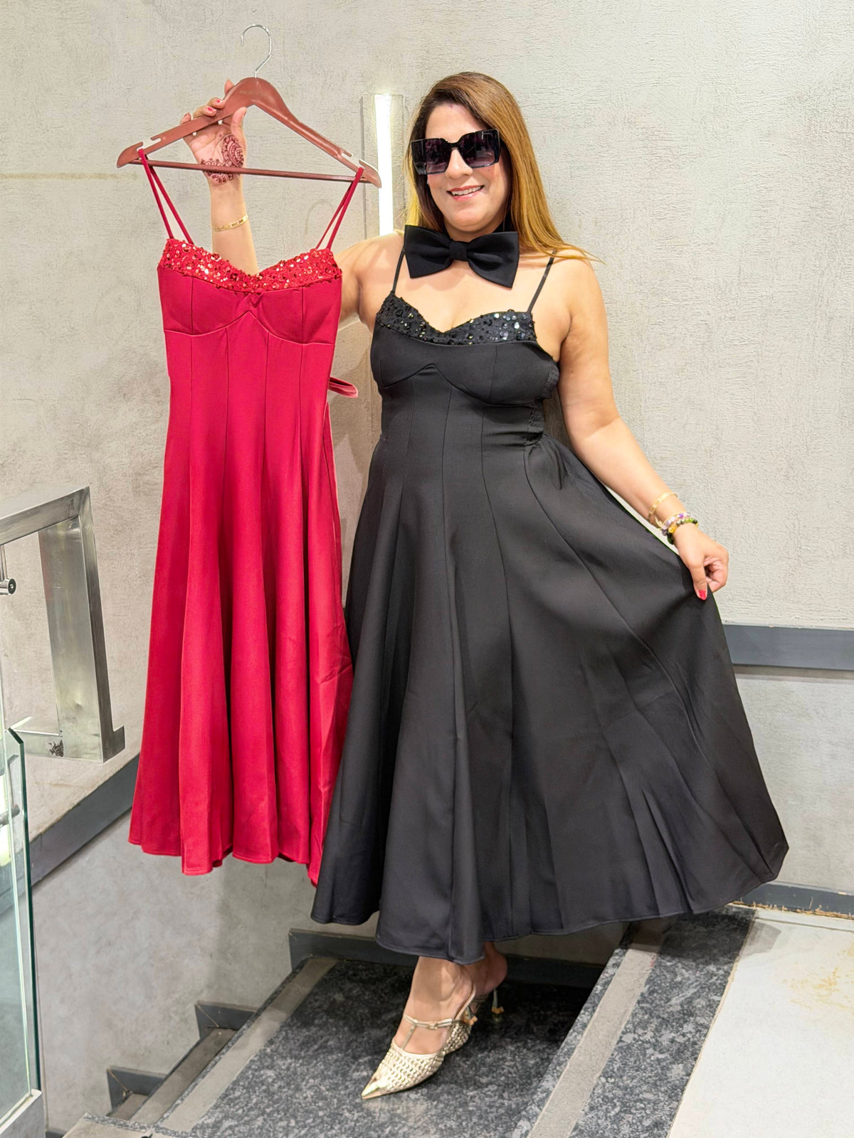 Sequin-Trimmed Bow-Neck Midi Dress | Increase Fashion