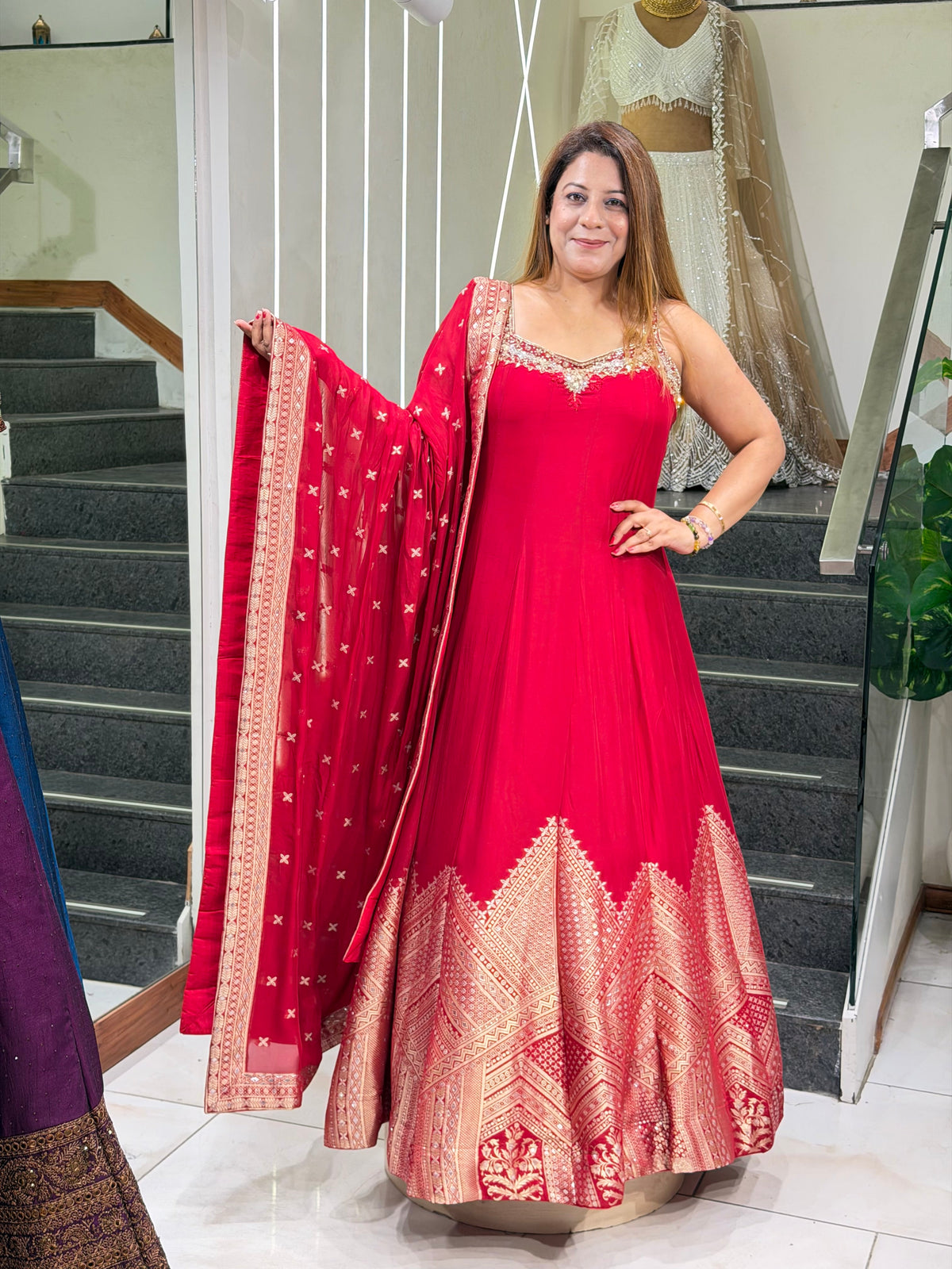 Radiant Red Banarasi Border Anarkali Suit Set | Increase Fashion