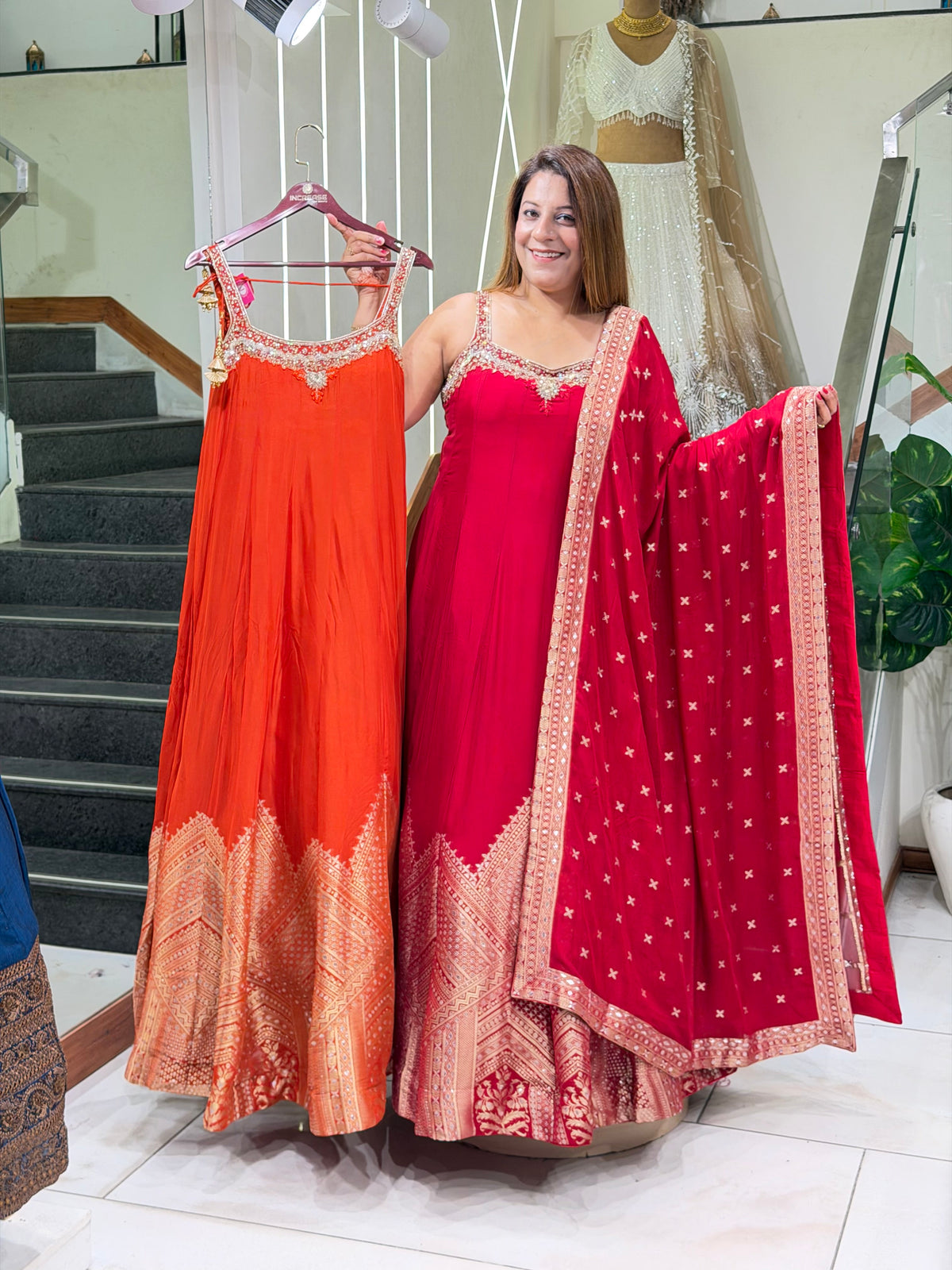 Radiant Red Banarasi Border Anarkali Suit Set | Increase Fashion