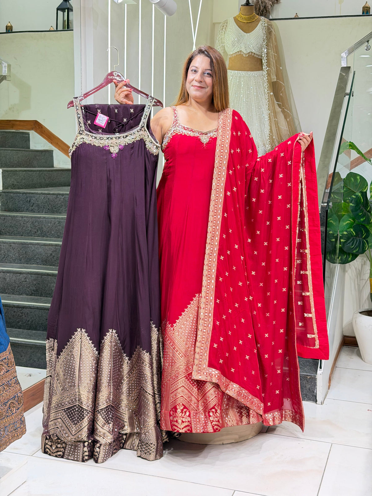 Radiant Red Banarasi Border Anarkali Suit Set | Increase Fashion