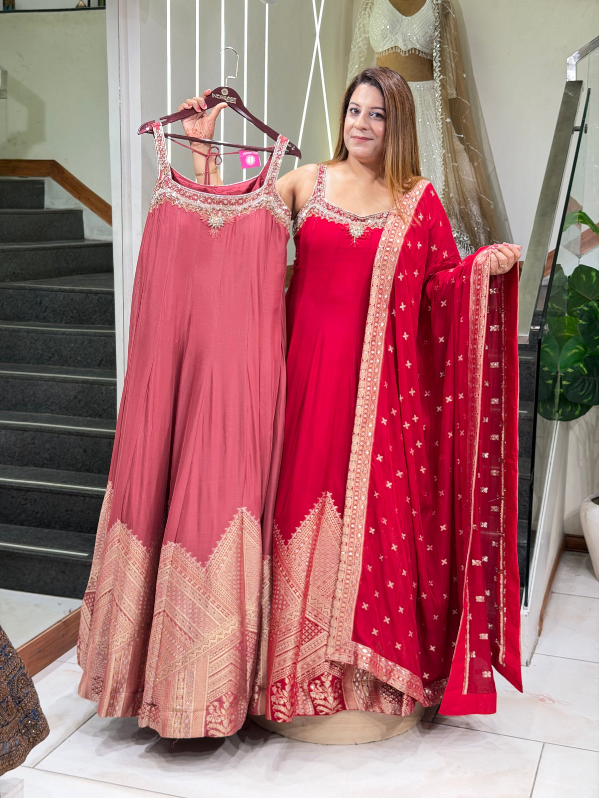 Radiant Red Banarasi Border Anarkali Suit Set | Increase Fashion