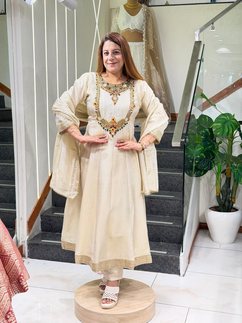Elegant Off-White Embellished Anarkali Suit Set