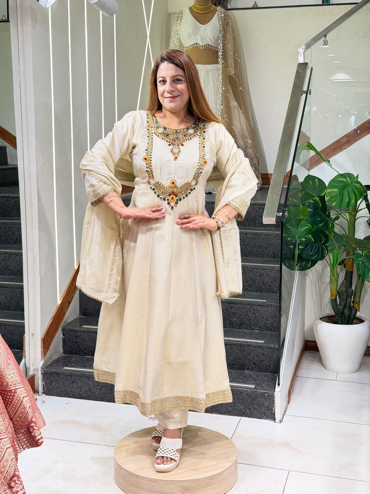 Elegant Off-White Embellished Anarkali Suit Set