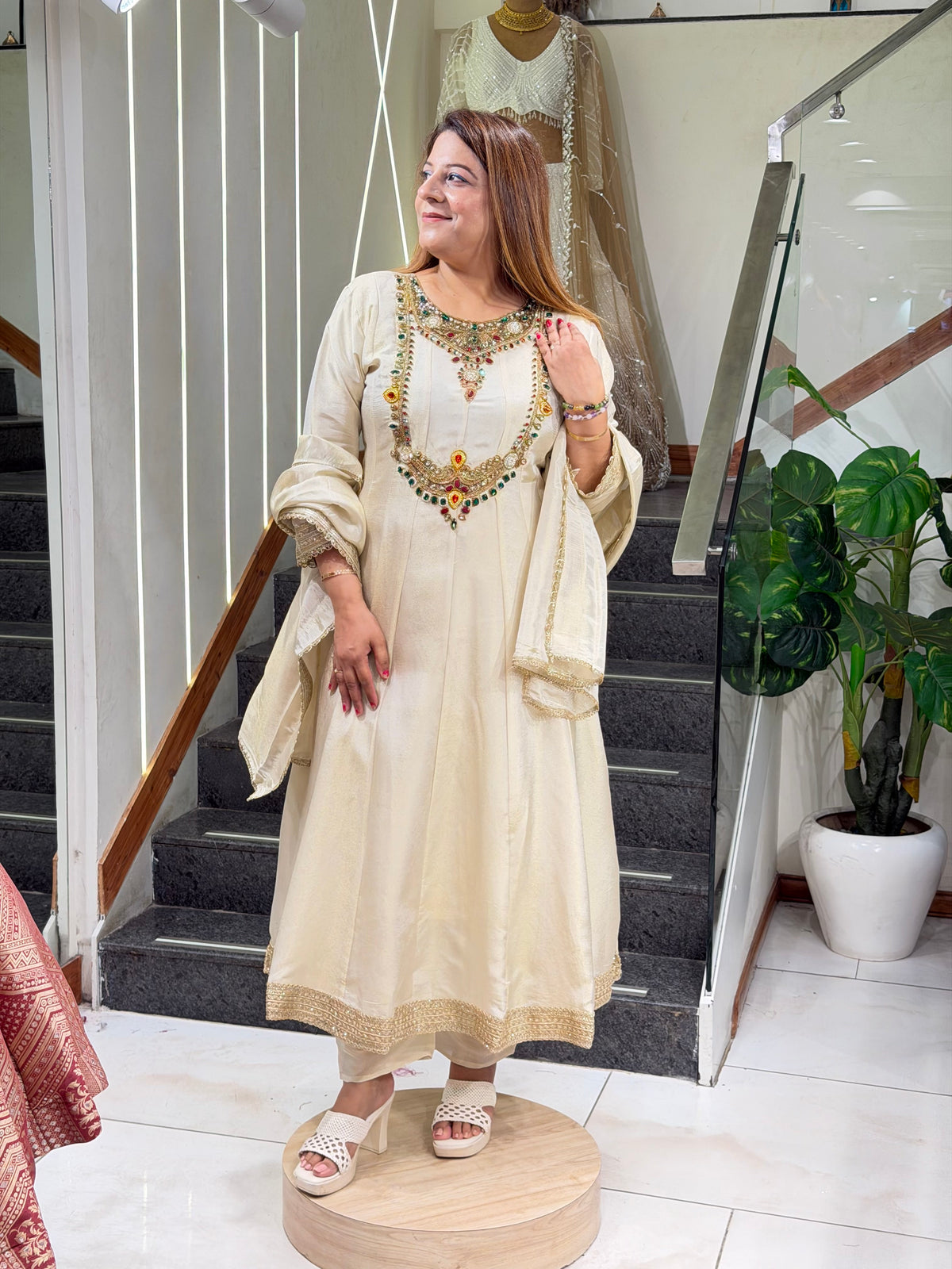 Elegant Off-White Embellished Anarkali Suit Set