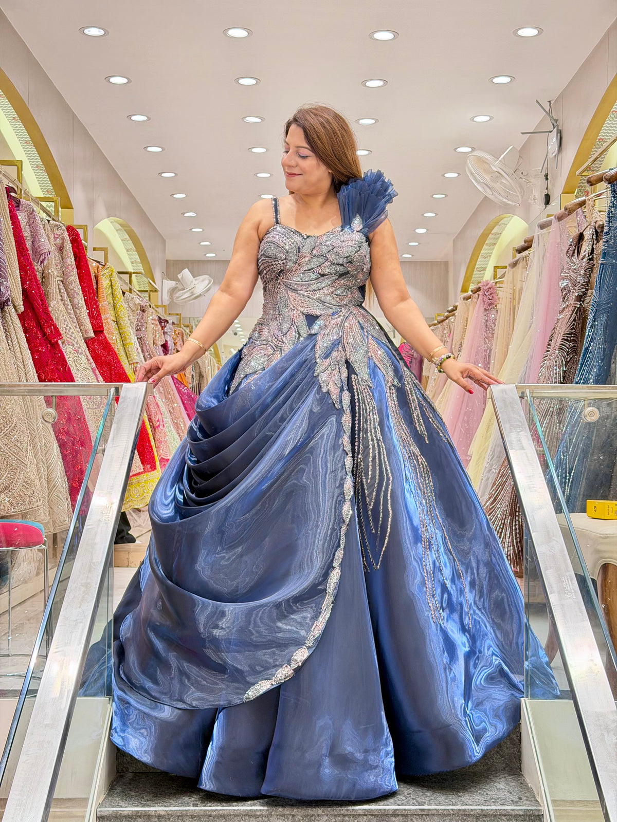 Glamorous Steel Blue Heavily Embellished Ball Gown | Increase Fashion