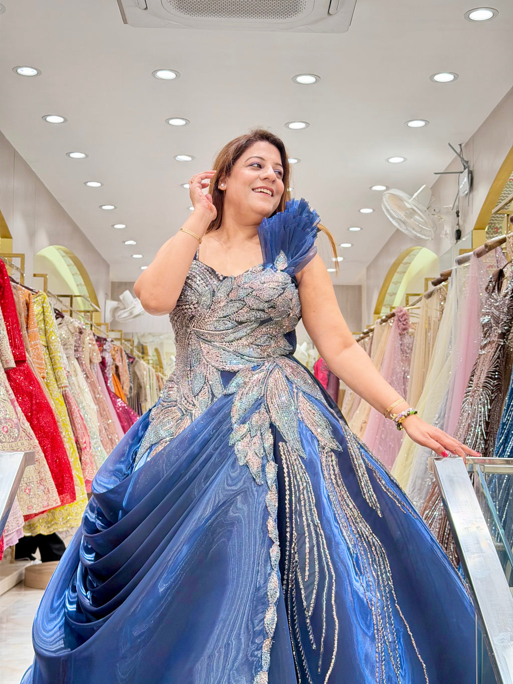 Glamorous Steel Blue Heavily Embellished Ball Gown | Increase Fashion