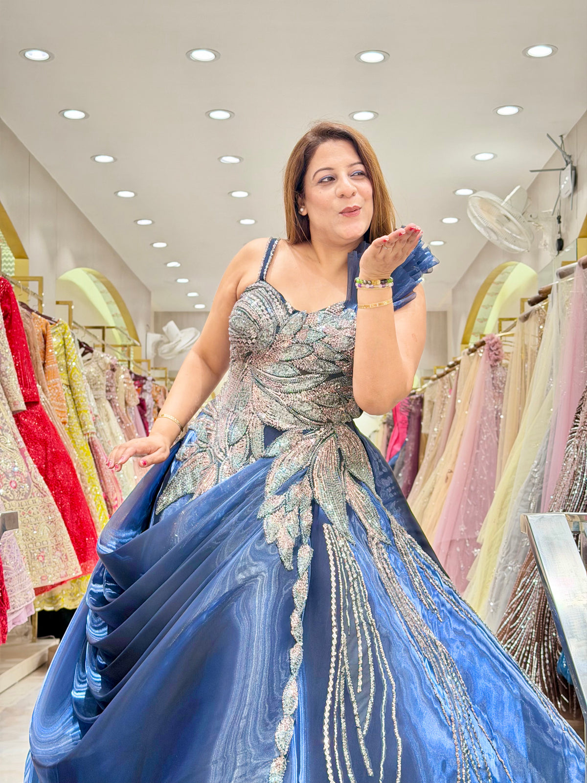Glamorous Steel Blue Heavily Embellished Ball Gown | Increase Fashion