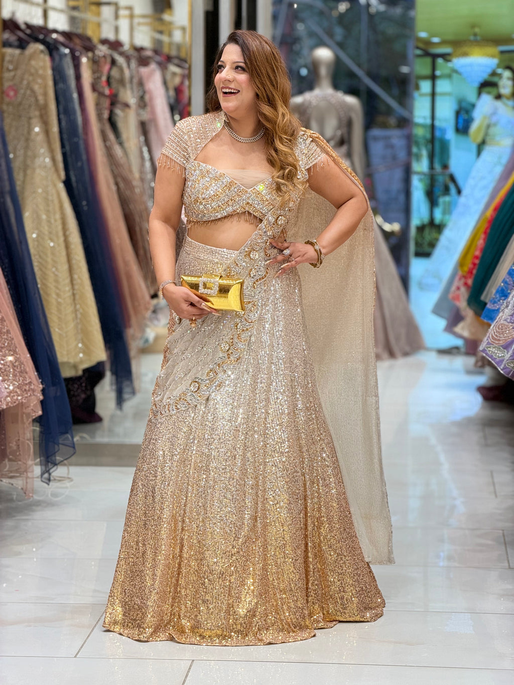 Glamorous Champagne Gold Ombré Sequin Saree Set | Increase Fashion