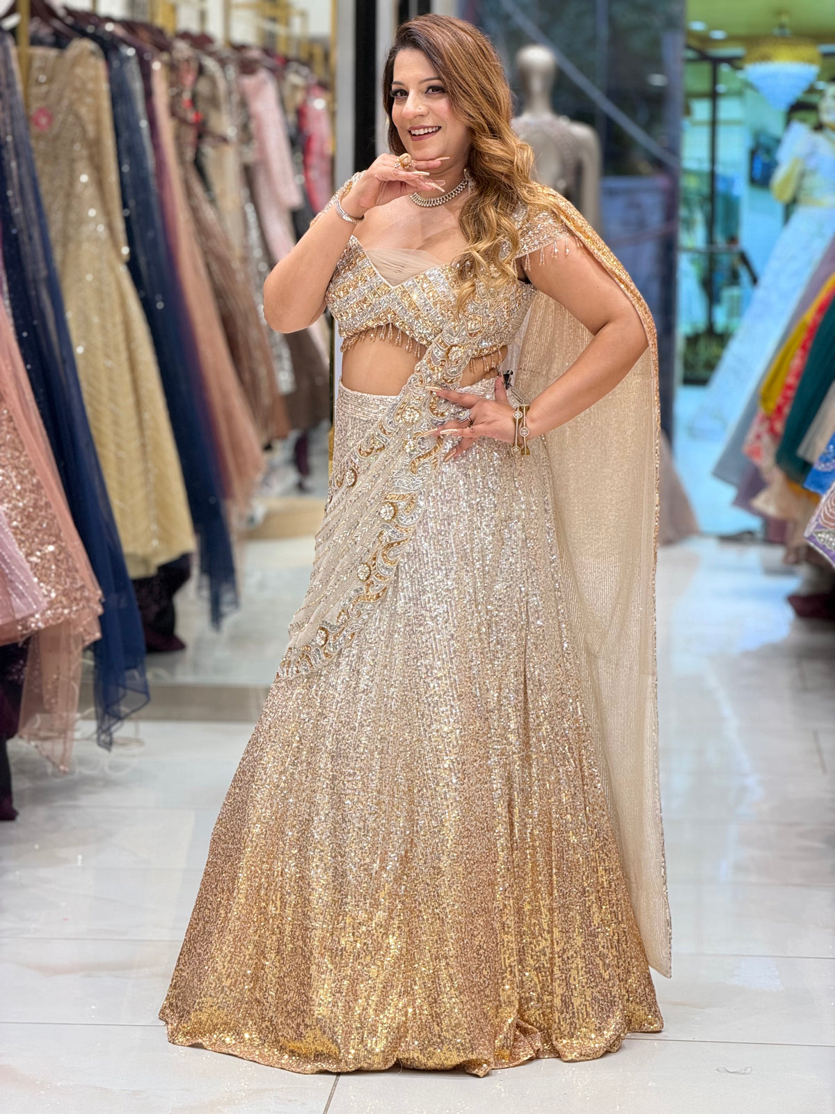 Glamorous Champagne Gold Ombré Sequin Saree Set | Increase Fashion
