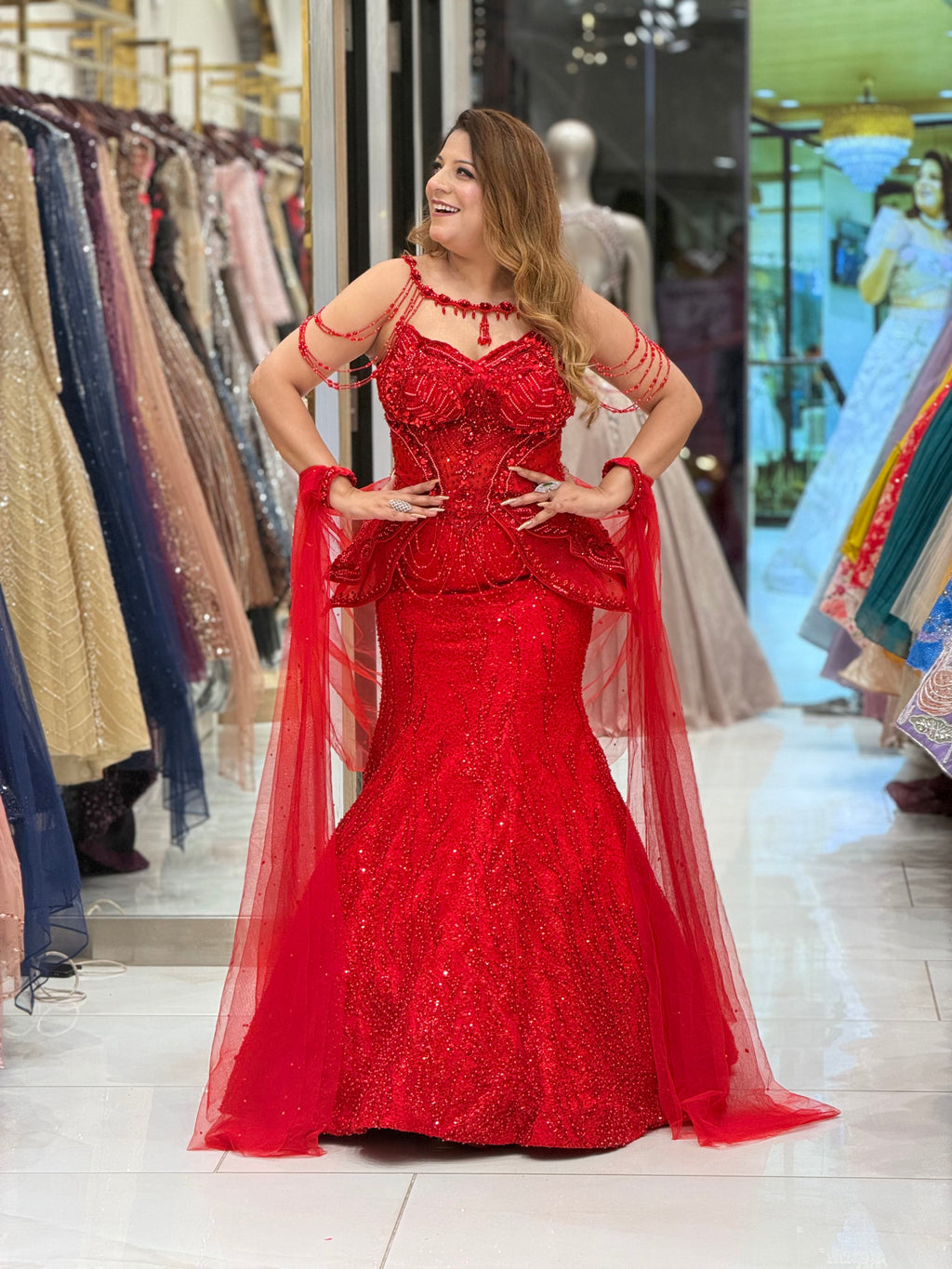 Crimson Red Heavily Embellished Corset Evening Gown | Increase Fashion