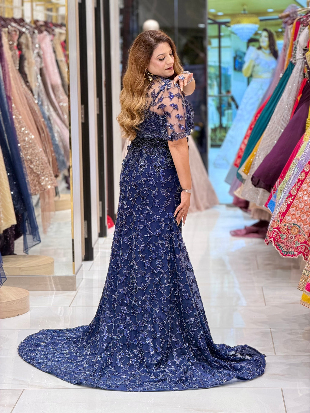Midnight Blue Embroidered Cape Gown | Increase Fashion