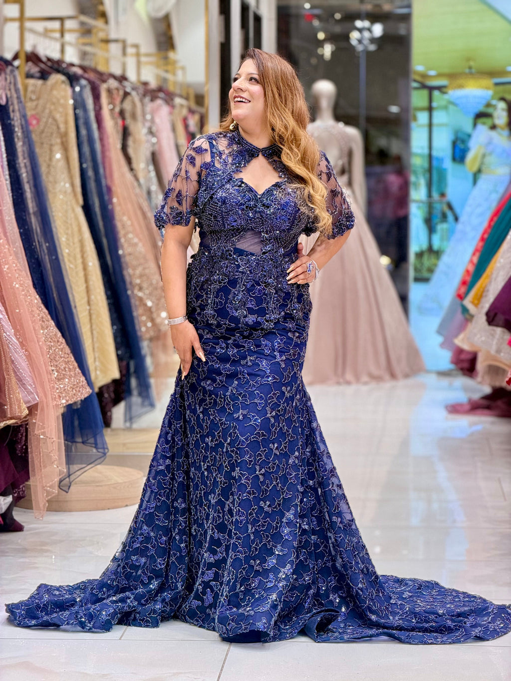 Midnight Blue Embroidered Cape Gown | Increase Fashion