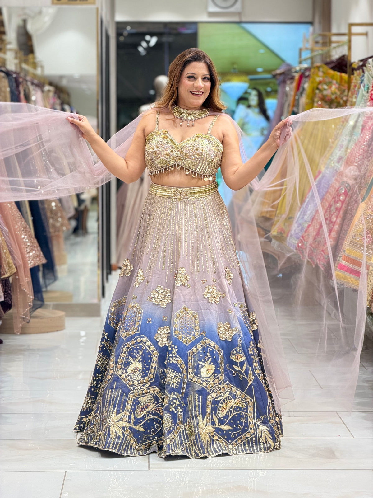 Blush Pink to Royal Blue Ombré Embellished Lehenga Set | Increase Fashion