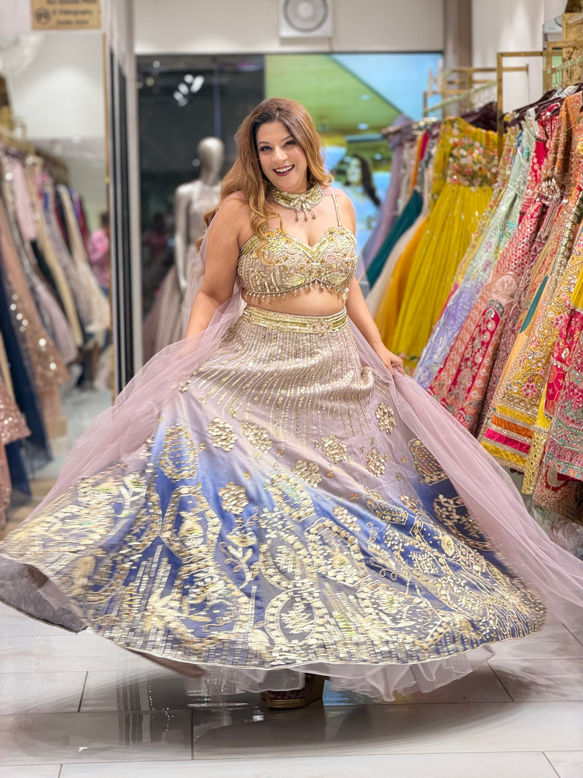 Blush Pink to Royal Blue Ombré Embellished Lehenga Set | Increase Fashion