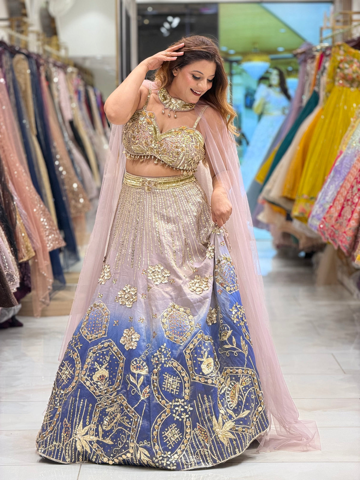 Blush Pink to Royal Blue Ombré Embellished Lehenga Set | Increase Fashion