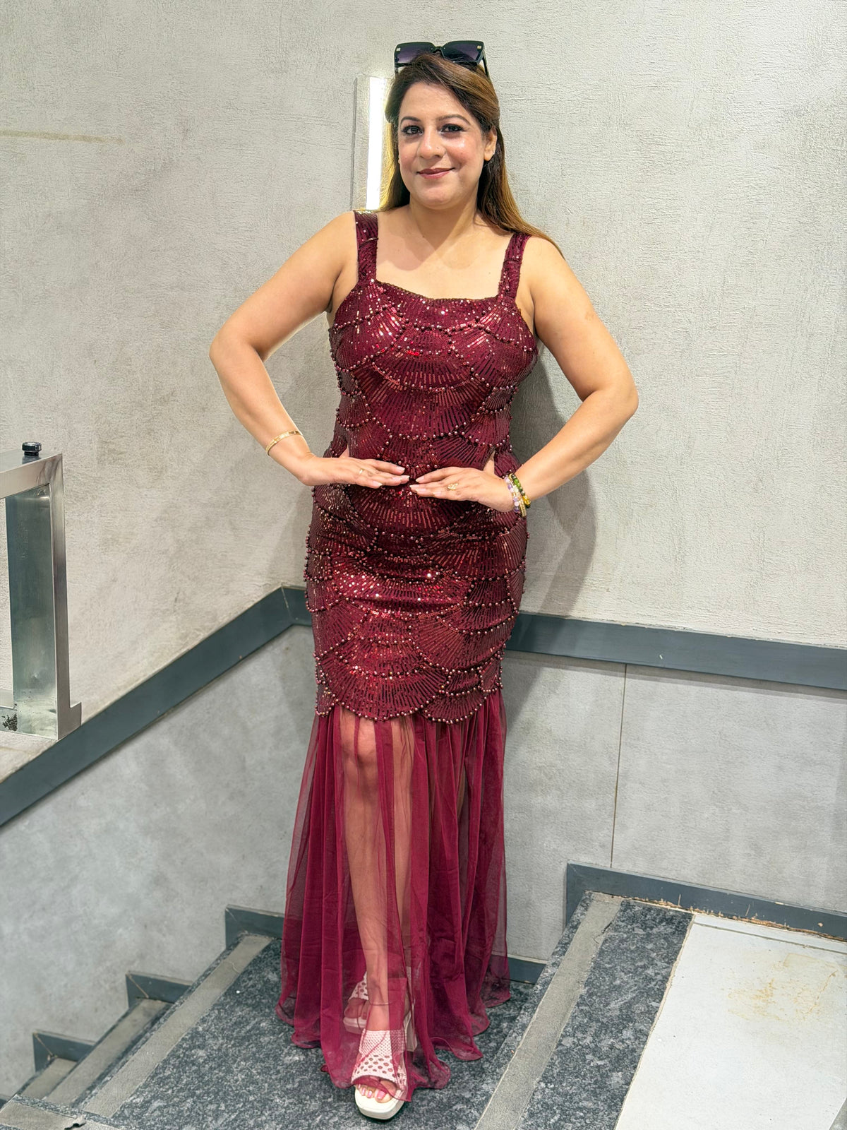 Wine Sequined Mermaid Gown with Sheer Tulle Hem