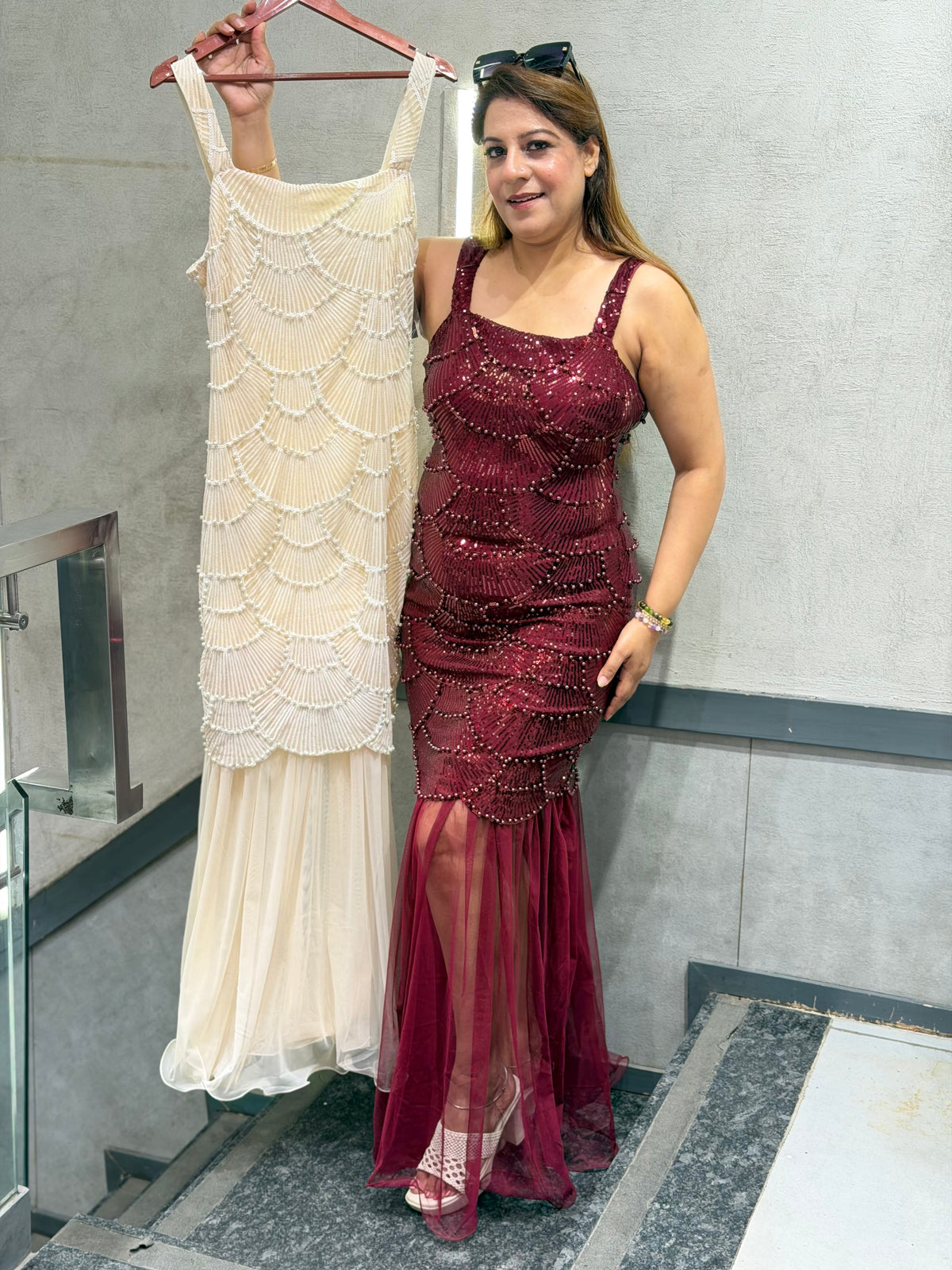Wine Sequined Mermaid Gown with Sheer Tulle Hem