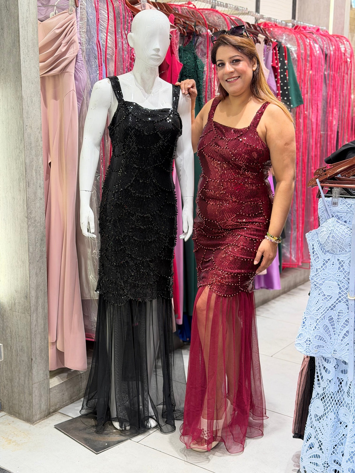 Wine Sequined Mermaid Gown with Sheer Tulle Hem
