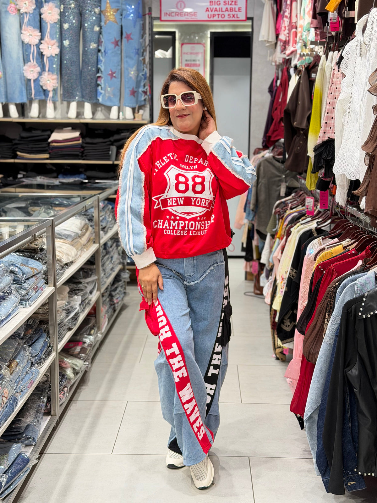 Varsity "88 New York" Denim-Sleeve Sweatshirt | Increase Fashion
